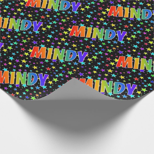 Papel De Regalo Nombre del arcoiris "MINDY" + Estrellas (Esquina)