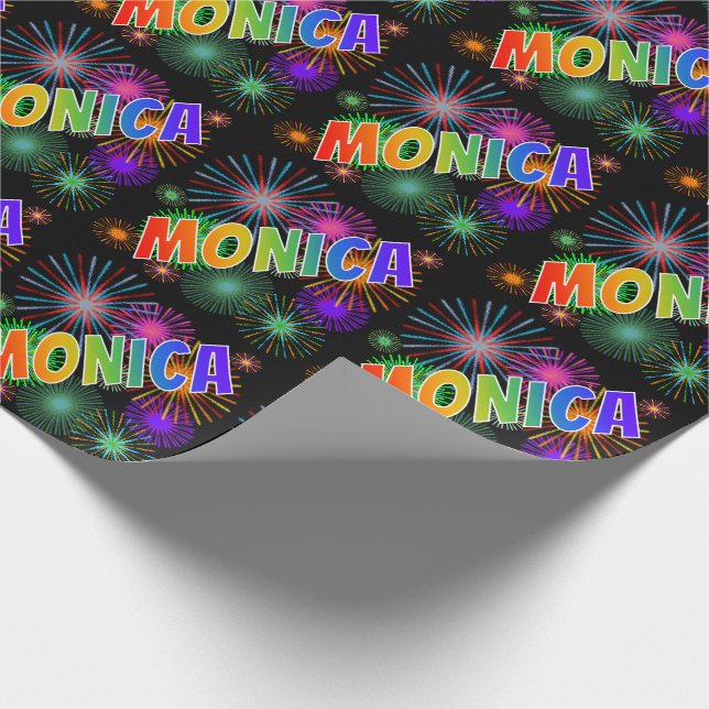Papel De Regalo Nombre del arcoiris "MONICA" + Fuegos artificiales (Esquina)