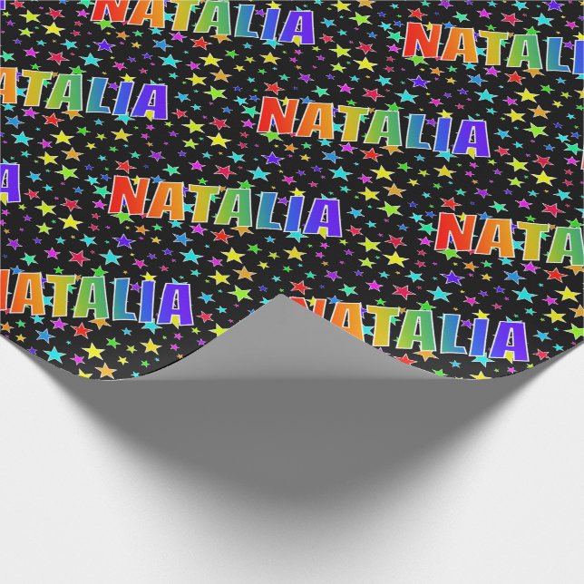 Papel De Regalo Nombre del arcoiris "NATALIA" + Estrellas (Esquina)