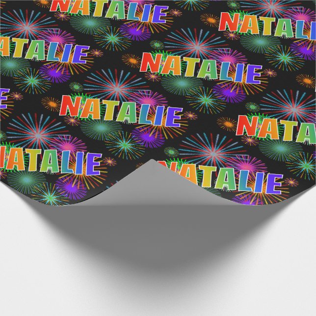 Papel De Regalo Nombre del arcoiris "NATALIE" + Fuegos artificiale (Esquina)