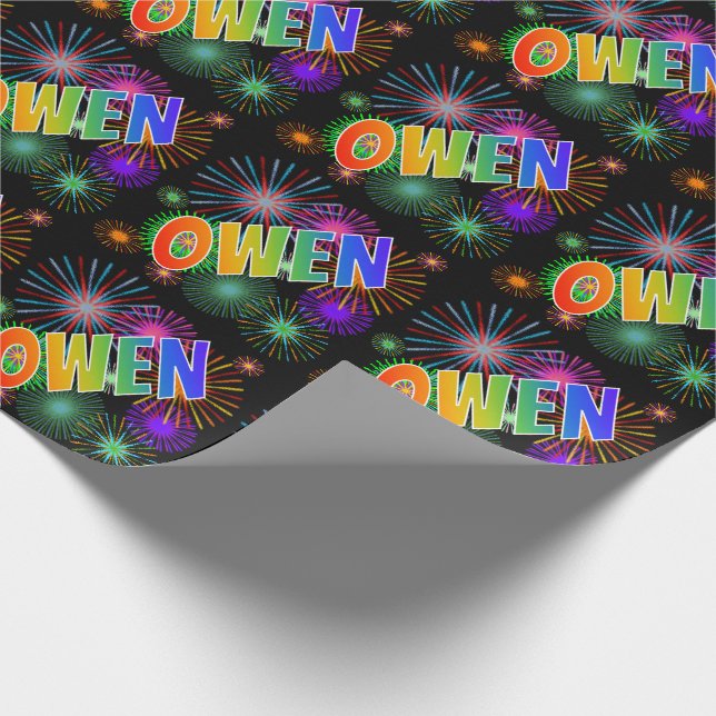 Papel De Regalo Nombre del arcoiris "OWEN" + Fuegos artificiales (Esquina)