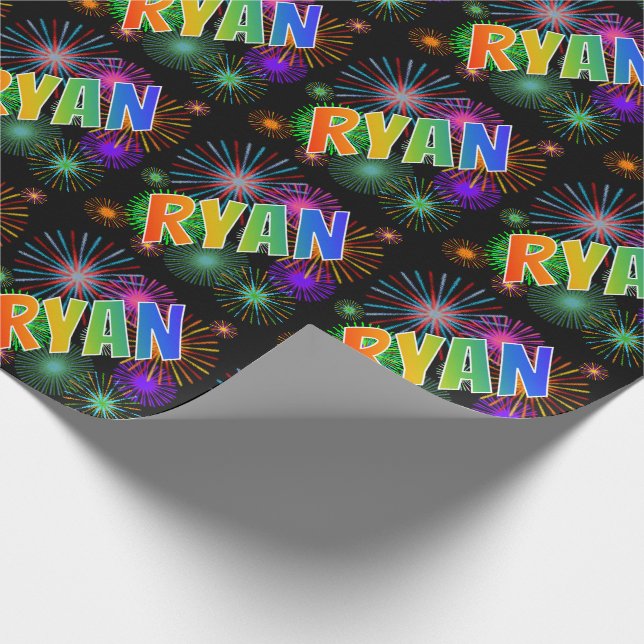 Papel De Regalo Nombre del arcoiris "RYAN" + Fuegos artificiales (Esquina)