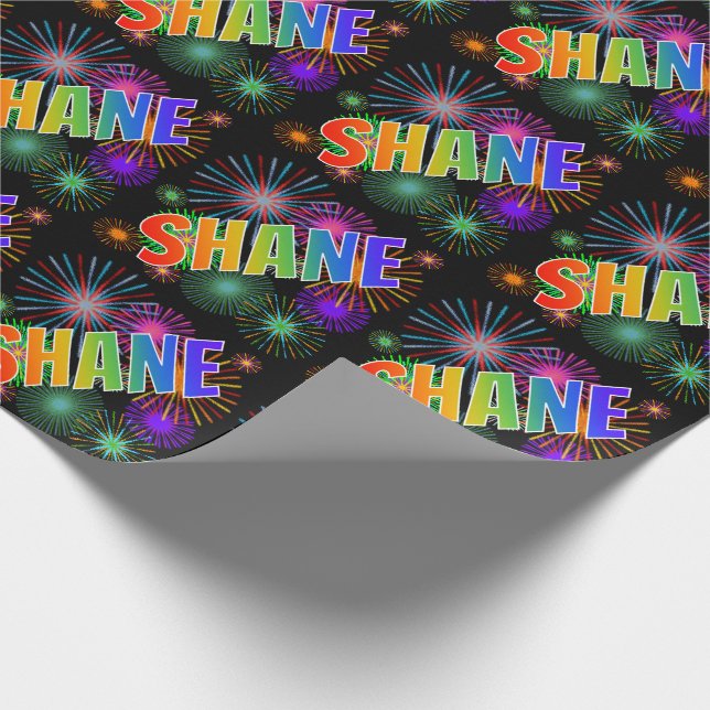 Papel De Regalo Nombre del arcoiris "SHANE" + Fuegos artificiales (Esquina)