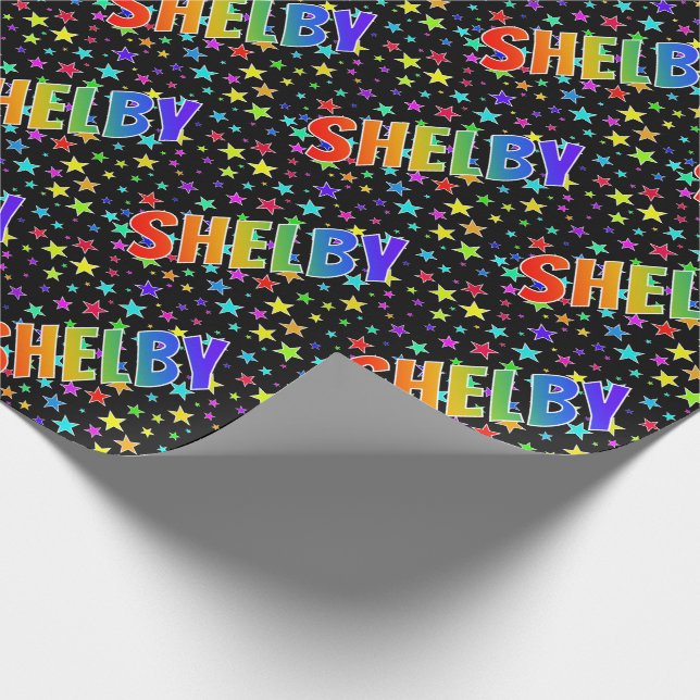 Papel De Regalo Nombre del arcoiris "SHELBY" + Estrellas (Esquina)