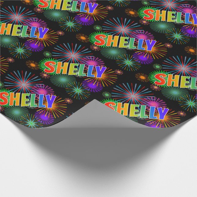 Papel De Regalo Nombre del arcoiris "SHELLY" + Fuegos artificiales (Esquina)
