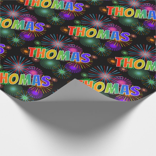 Papel De Regalo Nombre del arcoiris "THOMAS" + Fuegos artificiales (Esquina)
