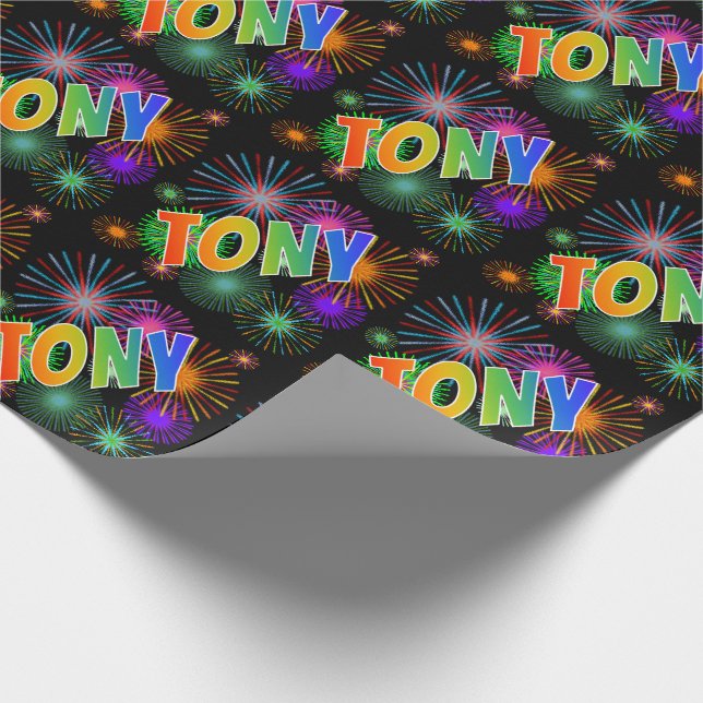 Papel De Regalo Nombre del arcoiris "TONY" + Fuegos artificiales (Esquina)