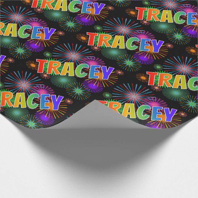 Papel De Regalo Nombre del arcoiris "TRACEY" + Fuegos artificiales (Esquina)