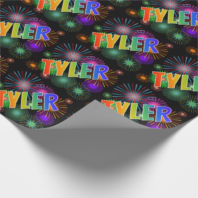 Papel De Regalo Nombre del arcoiris "TYLER" + Fuegos artificiales (Esquina)