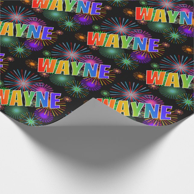 Papel De Regalo Nombre del arcoiris "WAYNE" + Fuegos artificiales (Esquina)