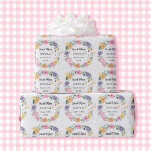 Papel De Regalo Nombre del bautismo Fecha Cruz Dove Flores de prim