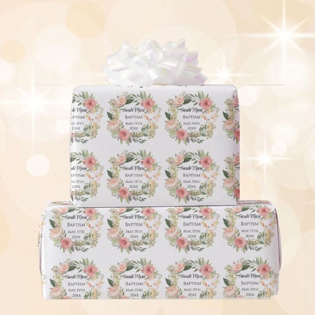 Papel De Regalo Nombre del bautismo Fecha Cruz Dove Flores de prim (Subido por el creador)
