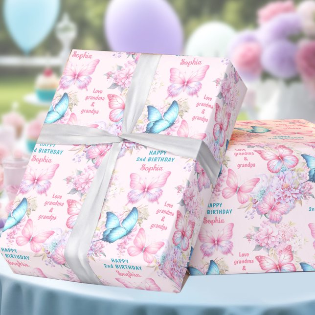 Papel De Regalo Nombre del Chica de cumpleaños de verano morado ro (Butterfly Pink Purple Summer Birthday Girl Name Wrapping Paper)