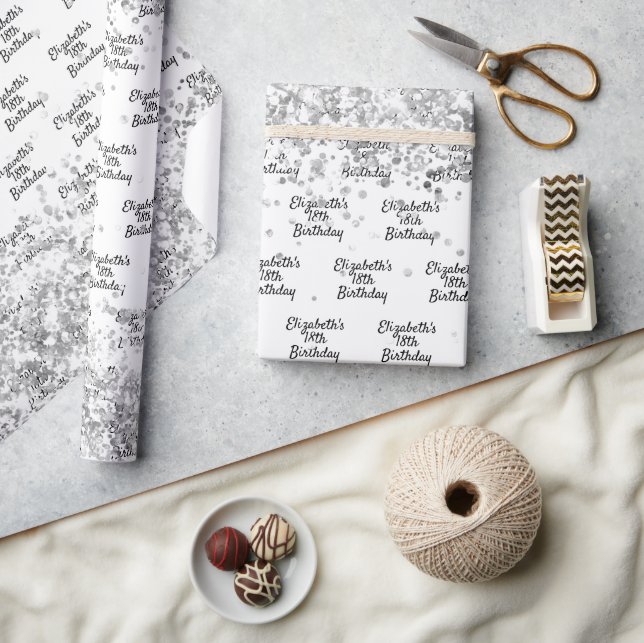 Papel De Regalo Nombre del gorrón de confeti de plata blanca de cu (Artesanía)