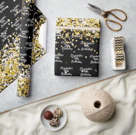 Papel De Regalo Nombre del gorrón de confeti dorado negro de cumpl