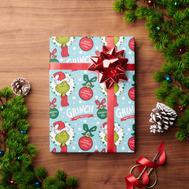 Papel De Regalo Nombre del personalizar - Grinch con Ornamentos (Regalo de vacaciones)