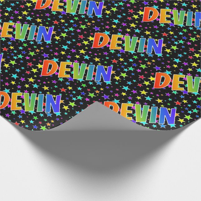 Papel De Regalo Nombre Devin con Arcoíris y Estrellas (Esquina)