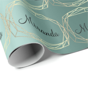 Papel De Regalo Nombre Diamante de oro verde verde poligonal Verde