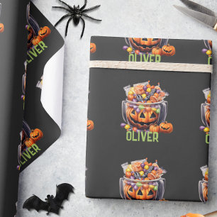 Papel De Regalo Nombre Dulces Calabazas Naranjas Moradas Halloween