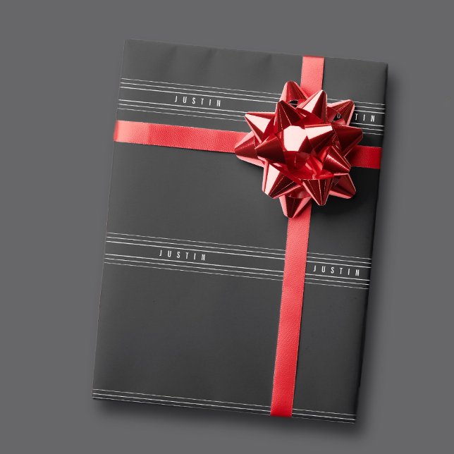 Papel De Regalo Nombre editable y bandas geométricas | Blanco y ne (Subido por el creador)