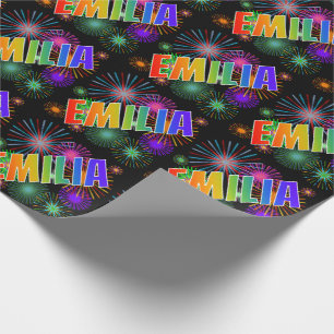 Papel De Regalo Nombre EMILIA en arcoíris + Fuegos artificiales