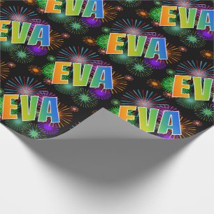 Papel De Regalo Nombre "EVA" Arcoíris + Fuegos Artificiales
