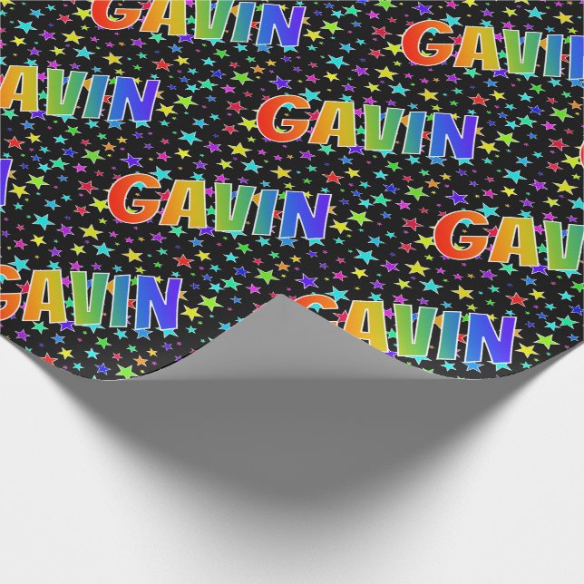 Papel De Regalo Nombre GAVIN con Arcoíris y Estrellas (Esquina)