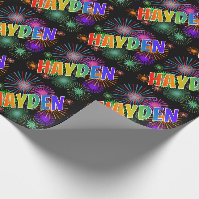 Papel De Regalo Nombre "HAYDEN" de arcoíris + Fuegos artificiales (Esquina)