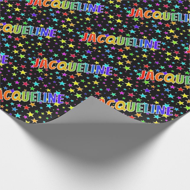 Papel De Regalo Nombre "JACQUELINE" de arcoíris + Estrellas (Esquina)