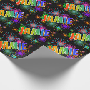 Papel De Regalo Nombre JAMIE con arcoíris y fuegos artificiales