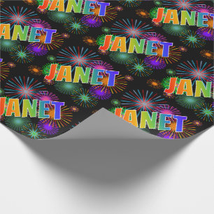 Papel De Regalo Nombre "JANET" del arco iris + Fuegos artificiales