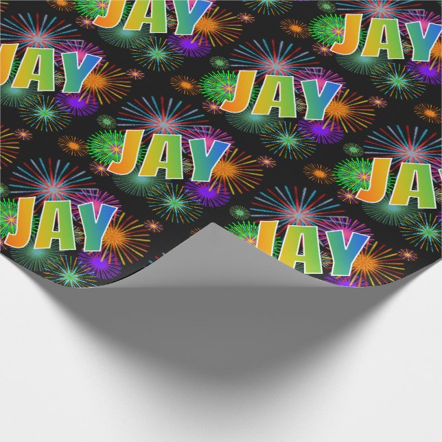 Papel De Regalo Nombre JAY con arcoíris + Fuegos artificiales (Esquina)