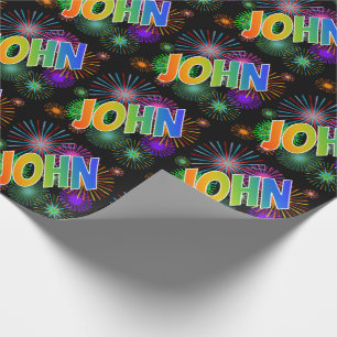 Papel De Regalo Nombre "JOHN" Arcoíris + Fuegos Artificiales