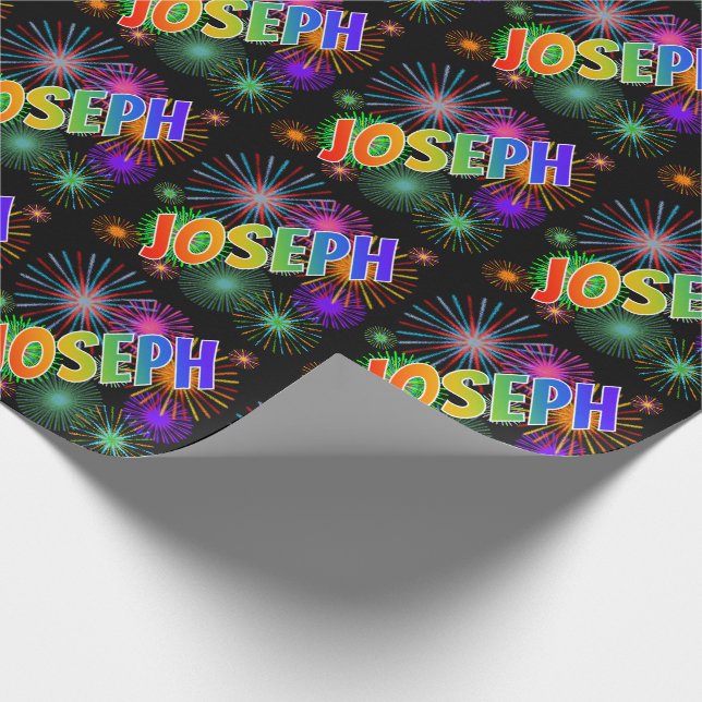 Papel De Regalo Nombre "JOSEPH" con arcoíris + Fuegos Artificiales (Esquina)