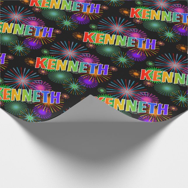 Papel De Regalo Nombre KENNETH con arcoíris + Fuegos artificiales (Esquina)