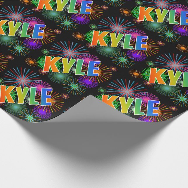 Papel De Regalo Nombre KYLE de arcoíris + Fuegos artificiales (Esquina)