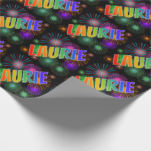 Papel De Regalo Nombre "LAURIE" con arcoíris + Fuegos artificiales