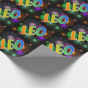 Papel De Regalo Nombre "LEO" del arco iris + Fuegos artificiales