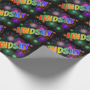 Papel De Regalo Nombre "LINDSAY" Arcoíris + Fuegos Artificiales
