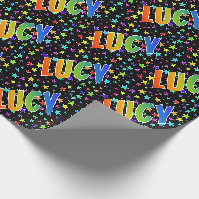 Papel De Regalo Nombre "LUCY" del arco iris + Estrellas (Esquina)