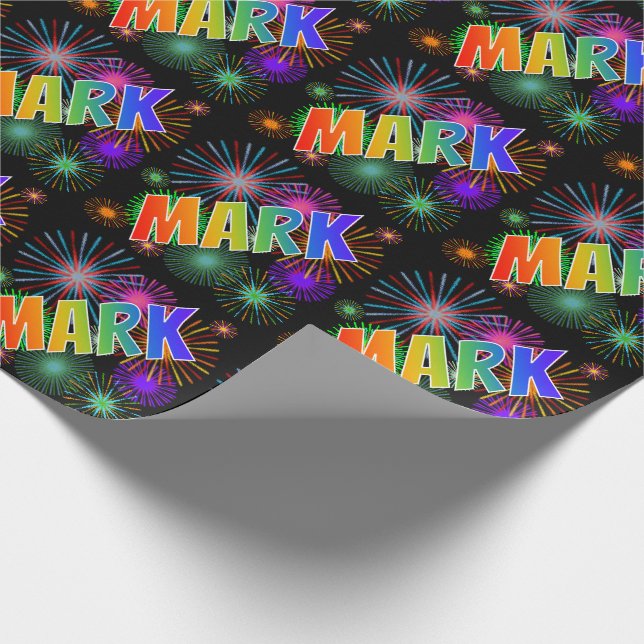 Papel De Regalo Nombre MARK con arcoíris y fuegos artificiales (Esquina)