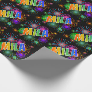 Papel De Regalo Nombre "MILA" de arcoíris + Fuegos artificiales