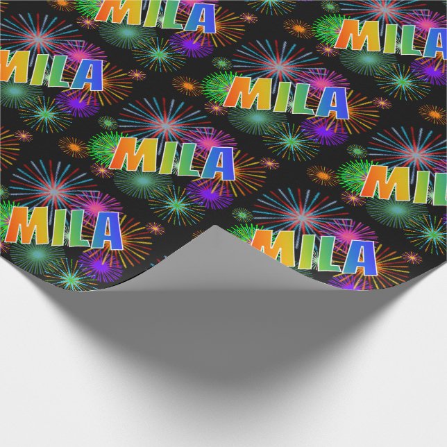 Papel De Regalo Nombre "MILA" de arcoíris + Fuegos artificiales (Esquina)