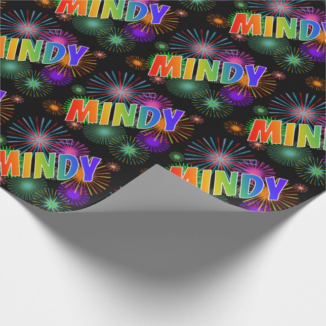 Papel De Regalo Nombre "MINDY" con arcoíris + Fuegos artificiales (Esquina)