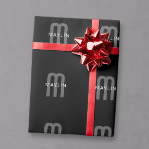 Papel De Regalo Nombre Monogramado de Aspecto Moderno Negro Gris