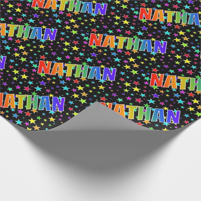 Papel De Regalo Nombre NATHAN con Arcoíris + Estrellas (Esquina)
