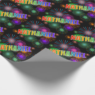 Papel De Regalo Nombre "NATHANIEL" con arcoíris + Fuegos artificia