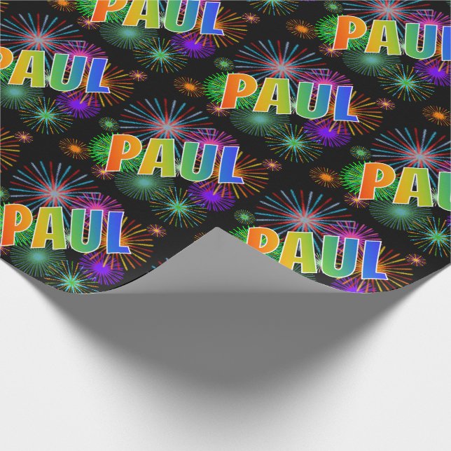Papel De Regalo Nombre PAUL de arcoíris + Fuegos artificiales (Esquina)