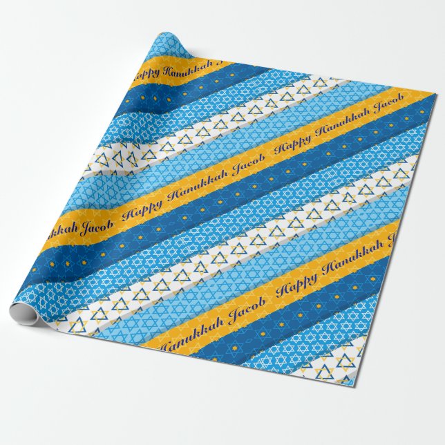 Papel De Regalo Nombre personal Feliz Hanukkah Blue Gold Stars (Desenrollado)