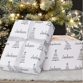 Papel De Regalo Nombre personalizado Árbol de Navidad Negro y Blan